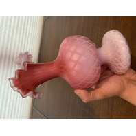 ANTIQUE Pink Satin MOTHER OF PEARL Quilted  Ruffled Rim Art Glass Vase 9.75"H