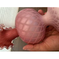 ANTIQUE Pink Satin MOTHER OF PEARL Quilted  Ruffled Rim Art Glass Vase 9.75"H