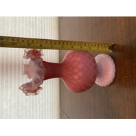 ANTIQUE Pink Satin MOTHER OF PEARL Quilted  Ruffled Rim Art Glass Vase 9.75"H