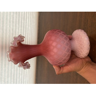 ANTIQUE Pink Satin MOTHER OF PEARL Quilted  Ruffled Rim Art Glass Vase 9.75"H