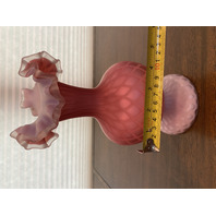 ANTIQUE Pink Satin MOTHER OF PEARL Quilted  Ruffled Rim Art Glass Vase 9.75"H