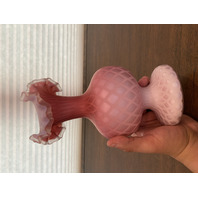 ANTIQUE Pink Satin MOTHER OF PEARL Quilted  Ruffled Rim Art Glass Vase 9.75"H