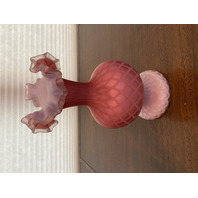 ANTIQUE Pink Satin MOTHER OF PEARL Quilted  Ruffled Rim Art Glass Vase 9.75"H