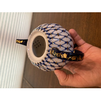 RARE VTG Lomonosov Cobalt Net Porcelain Teapot W/22 Karat Gold Accents 7.5"L