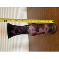 RARE ANTIQUE EMILE GALLE Purple Floral Acid Etched Cameo Glass Vase 11.75"H HTF