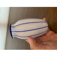 BEAUTIFUL VINTAGE LOETZ Small White W/Cobalt Blue Stripes Tango Glass Vase 4.75"