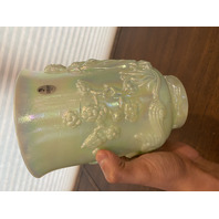 STUNNING VTG FENTON Sea Green Iridescent Empress Art Glass Vase W/LABEL 7.75"H