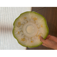 BEAUTIFUL ANTIQUE Green & White Floral PAINTED Art Glass Brides Bowl 11.75"W