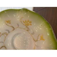 BEAUTIFUL ANTIQUE Green & White Floral PAINTED Art Glass Brides Bowl 11.75"W