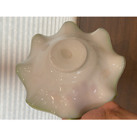BEAUTIFUL ANTIQUE Green & White Floral PAINTED Art Glass Brides Bowl 11.75"W