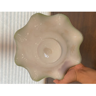 BEAUTIFUL ANTIQUE Green & White Floral PAINTED Art Glass Brides Bowl 11.75"W