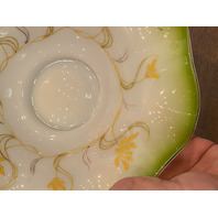 BEAUTIFUL ANTIQUE Green & White Floral PAINTED Art Glass Brides Bowl 11.75"W
