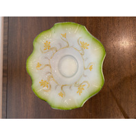 BEAUTIFUL ANTIQUE Green & White Floral PAINTED Art Glass Brides Bowl 11.75"W