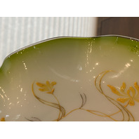 BEAUTIFUL ANTIQUE Green & White Floral PAINTED Art Glass Brides Bowl 11.75"W
