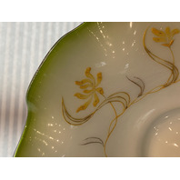 BEAUTIFUL ANTIQUE Green & White Floral PAINTED Art Glass Brides Bowl 11.75"W