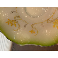 BEAUTIFUL ANTIQUE Green & White Floral PAINTED Art Glass Brides Bowl 11.75"W