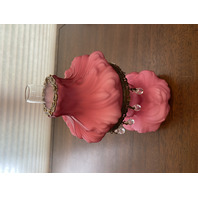 STUNNING VTG FENTON L.G. WRIGHT Mini Pink Satin Plume Oil Lamp 7.5"H