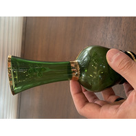 BEAUTIFUL VTG Green & Gold Art Glass Vase W/Enamel Flowers 6 7/8"H