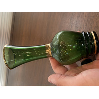 BEAUTIFUL VTG Green & Gold Art Glass Vase W/Enamel Flowers 6 7/8"H