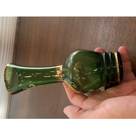 BEAUTIFUL VTG Green & Gold Art Glass Vase W/Enamel Flowers 6 7/8"H