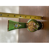 BEAUTIFUL VTG Green & Gold Art Glass Vase W/Enamel Flowers 6 7/8"H