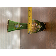 BEAUTIFUL VTG Green & Gold Art Glass Vase W/Enamel Flowers 6 7/8"H