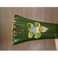 BEAUTIFUL VTG Green & Gold Art Glass Vase W/Enamel Flowers 6 7/8"H