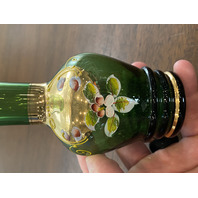 BEAUTIFUL VTG Green & Gold Art Glass Vase W/Enamel Flowers 6 7/8"H