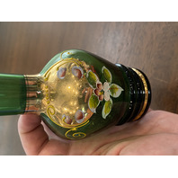 BEAUTIFUL VTG Green & Gold Art Glass Vase W/Enamel Flowers 6 7/8"H