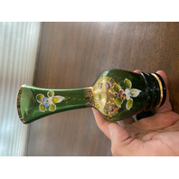 BEAUTIFUL VTG Green & Gold Art Glass Vase W/Enamel Flowers 6 7/8"H
