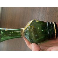 BEAUTIFUL VTG Green & Gold Art Glass Vase W/Enamel Flowers 6 7/8"H