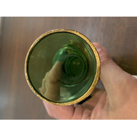 BEAUTIFUL VTG Green & Gold Art Glass Vase W/Enamel Flowers 6 7/8"H