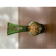 BEAUTIFUL VTG Green & Gold Art Glass Vase W/Enamel Flowers 6 7/8"H