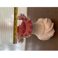 BEAUTIFUL VTG FENTON Milk Glass Peach Blow Ruffle Rim Silver Crest Vase 9"H