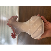 BEAUTIFUL VTG FENTON Milk Glass Peach Blow Ruffle Rim Silver Crest Vase 9"H