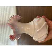 BEAUTIFUL VTG FENTON Milk Glass Peach Blow Ruffle Rim Silver Crest Vase 9"H