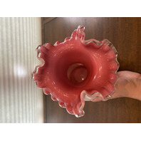 BEAUTIFUL VTG FENTON Milk Glass Peach Blow Ruffle Rim Silver Crest Vase 9"H