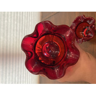 SET(2) BEAUTIFUL FENTON HAND PAINTED Red Candy Cane Rose Bowl Vases SIGNED 3.5"H