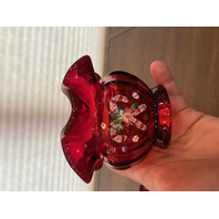 SET(2) BEAUTIFUL FENTON HAND PAINTED Red Candy Cane Rose Bowl Vases SIGNED 3.5"H