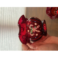 SET(2) BEAUTIFUL FENTON HAND PAINTED Red Candy Cane Rose Bowl Vases SIGNED 3.5"H