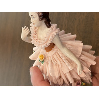 ANTIQUE DRESDEN Laced Porcelain Pink Dress Elegant Lady Figurine 6.25"H GERMANY