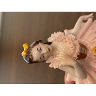 ANTIQUE DRESDEN Laced Porcelain Pink Dress Elegant Lady Figurine 6.25"H GERMANY