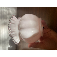 BEAUTIFUL VTG FENTON Pink/White Silver Crest Ruffled Rim Glass Melon Vase 5.5"H