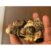 HIGHLY DETAILED VTG Japanese Hand Carved Men On Turtle Netsuke Figurine 2.75"H