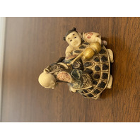 HIGHLY DETAILED VTG Japanese Hand Carved Men On Turtle Netsuke Figurine 2.75"H