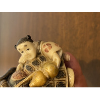 HIGHLY DETAILED VTG Japanese Hand Carved Men On Turtle Netsuke Figurine 2.75"H