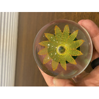 STUNNING VINTAGE Yellow W/Orange Outline Mesh Flower Art Glass Paperweight 2.5"H