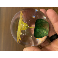 STUNNING VINTAGE Yellow W/Orange Outline Mesh Flower Art Glass Paperweight 2.5"H