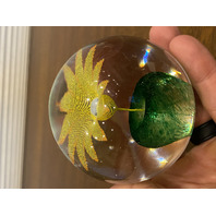 STUNNING VINTAGE Yellow W/Orange Outline Mesh Flower Art Glass Paperweight 2.5"H