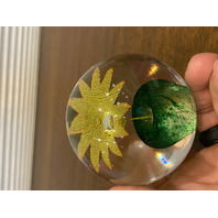 STUNNING VINTAGE Yellow W/Orange Outline Mesh Flower Art Glass Paperweight 2.5"H